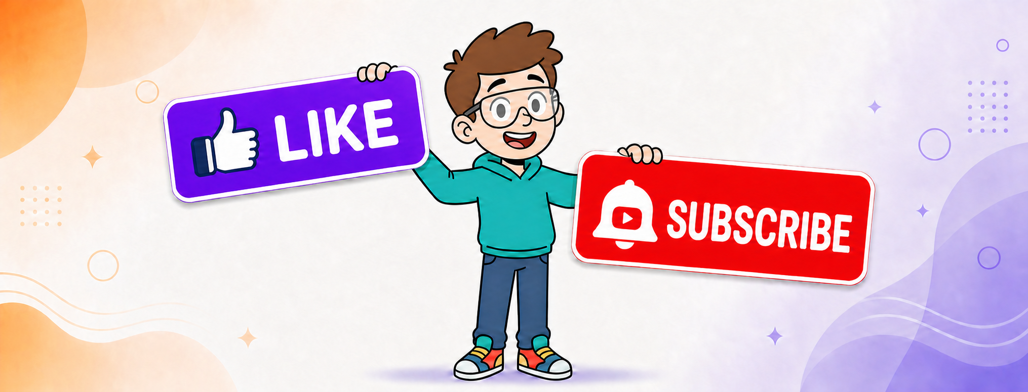 Plain Genius mascot holding Like and Subscribe signs